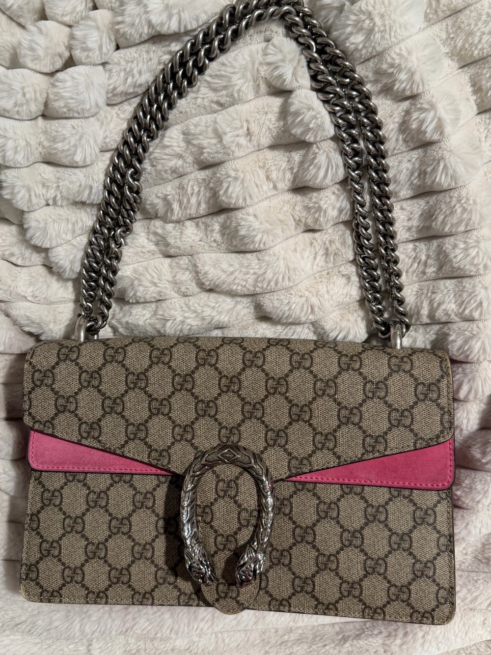 Gucci GG Supreme Shoulder Bag with Pink Trim and Silver Hardware